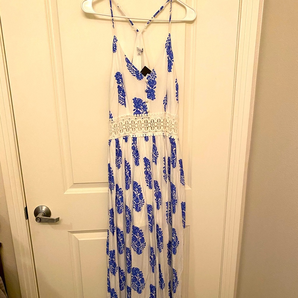 Blue and white maxi dress.